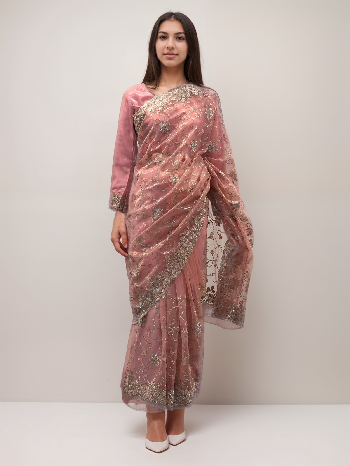 Pink Full Embroidered Net Organza Saree