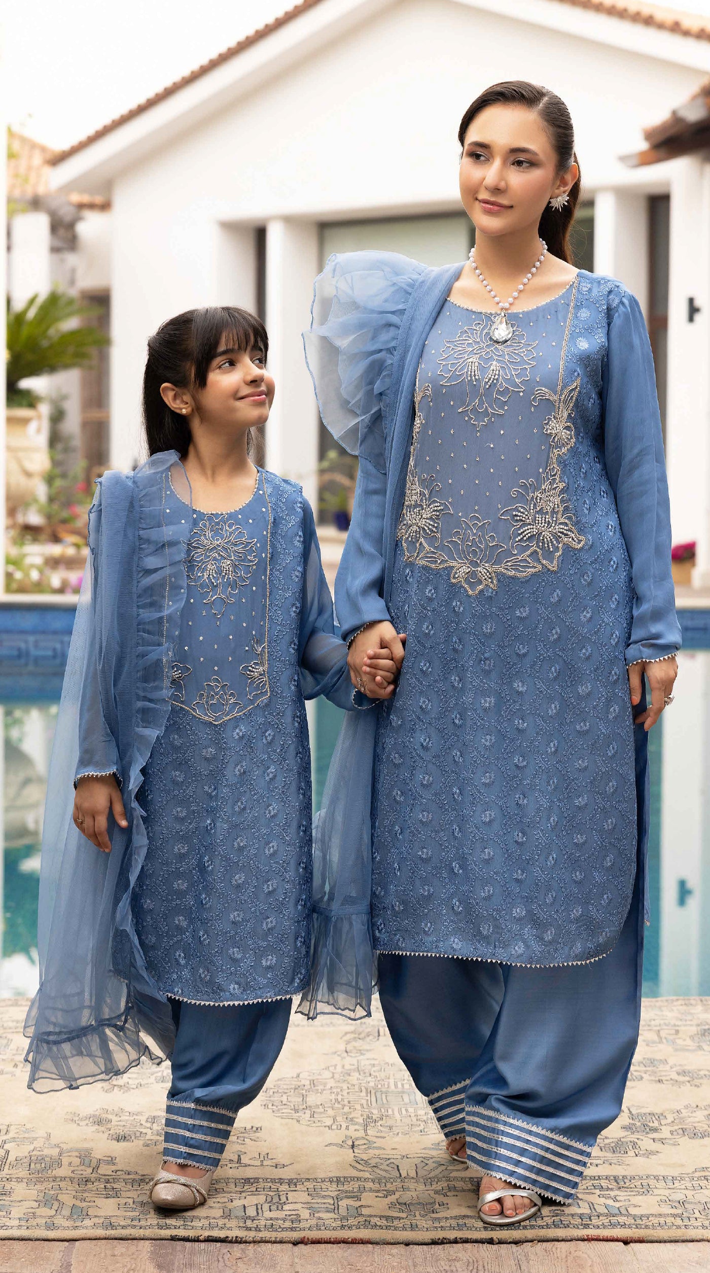 Blue Mini Elara Chikankari Chiffon Farshi Salwar Set