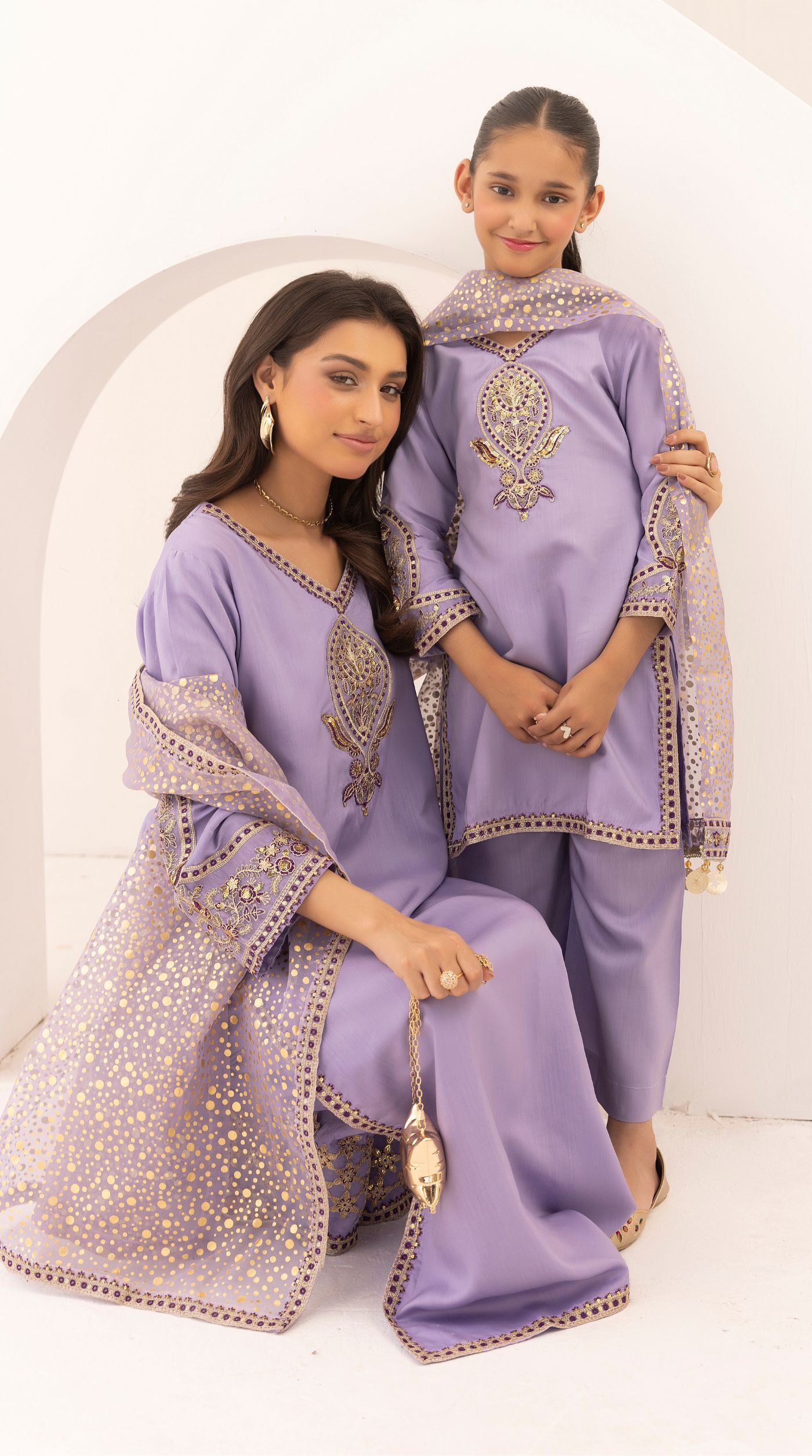 Kid's Lilac Viscose Embroidered Kurta Palazzo Set