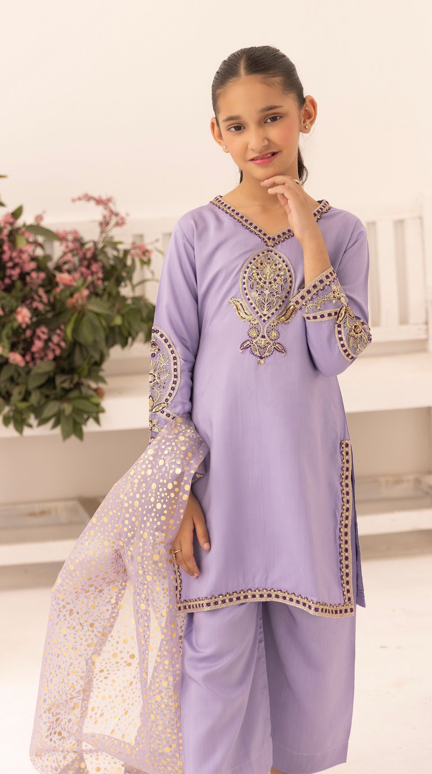 Kid's Lilac Viscose Embroidered Kurta Palazzo Set