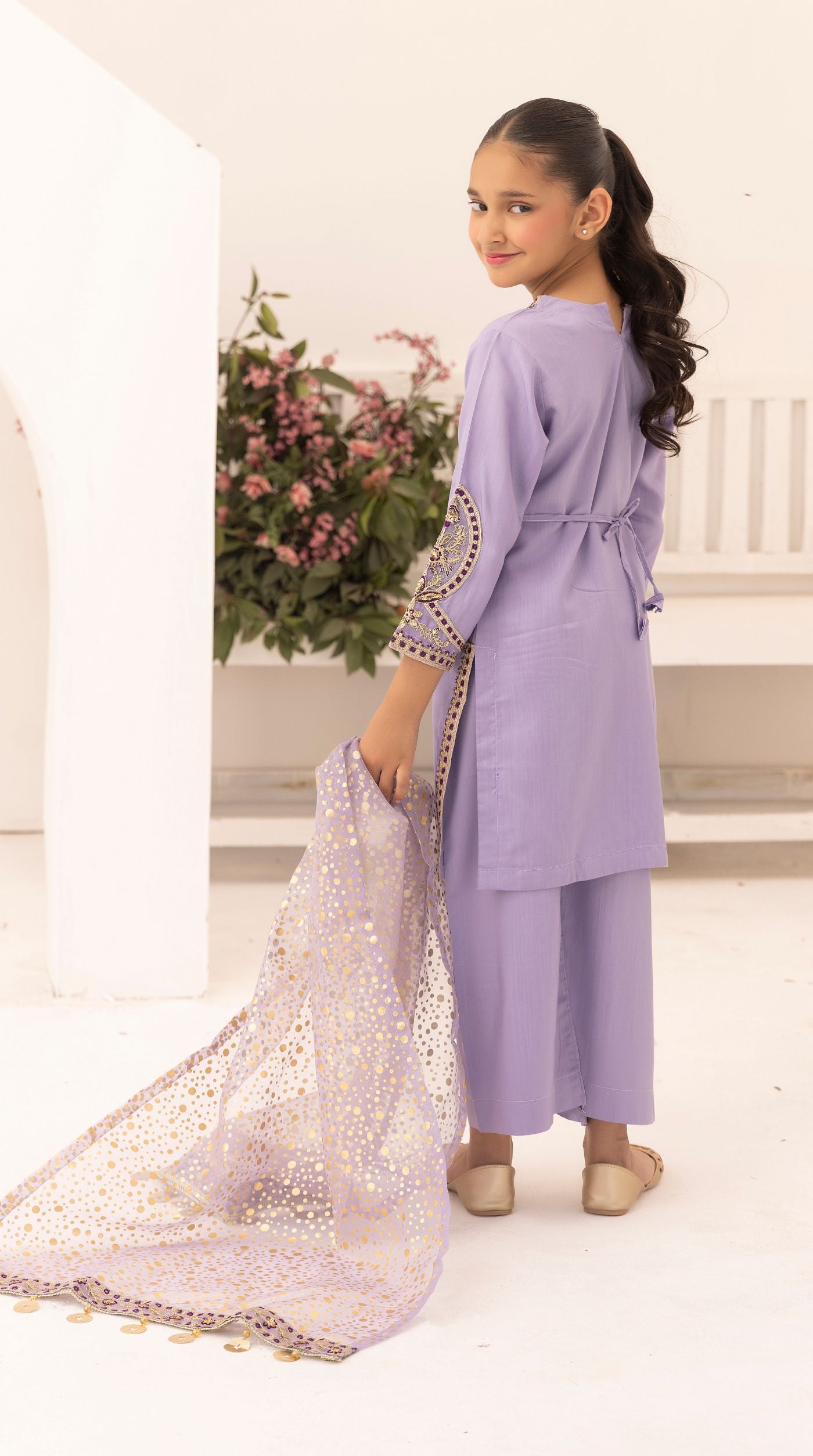 Kid's Lilac Viscose Embroidered Kurta Palazzo Set
