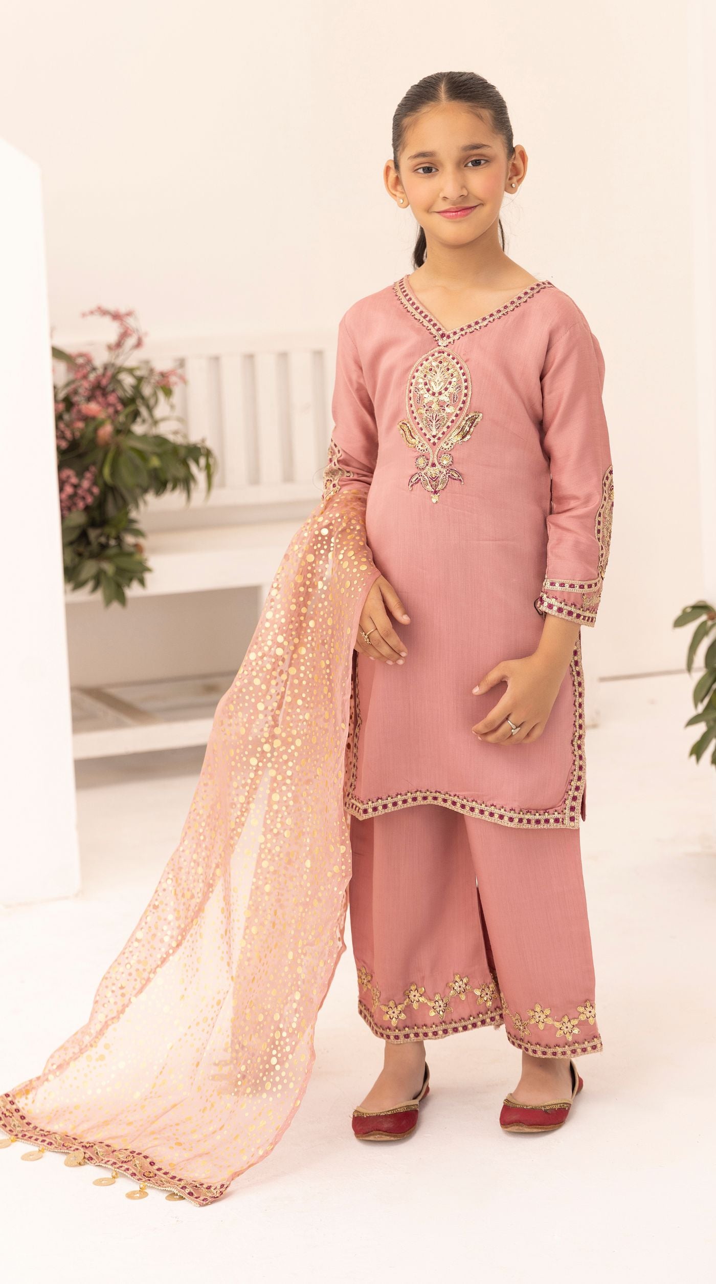 Kid's Dusty Pink Viscose Embroidered Kurta Palazzo Set