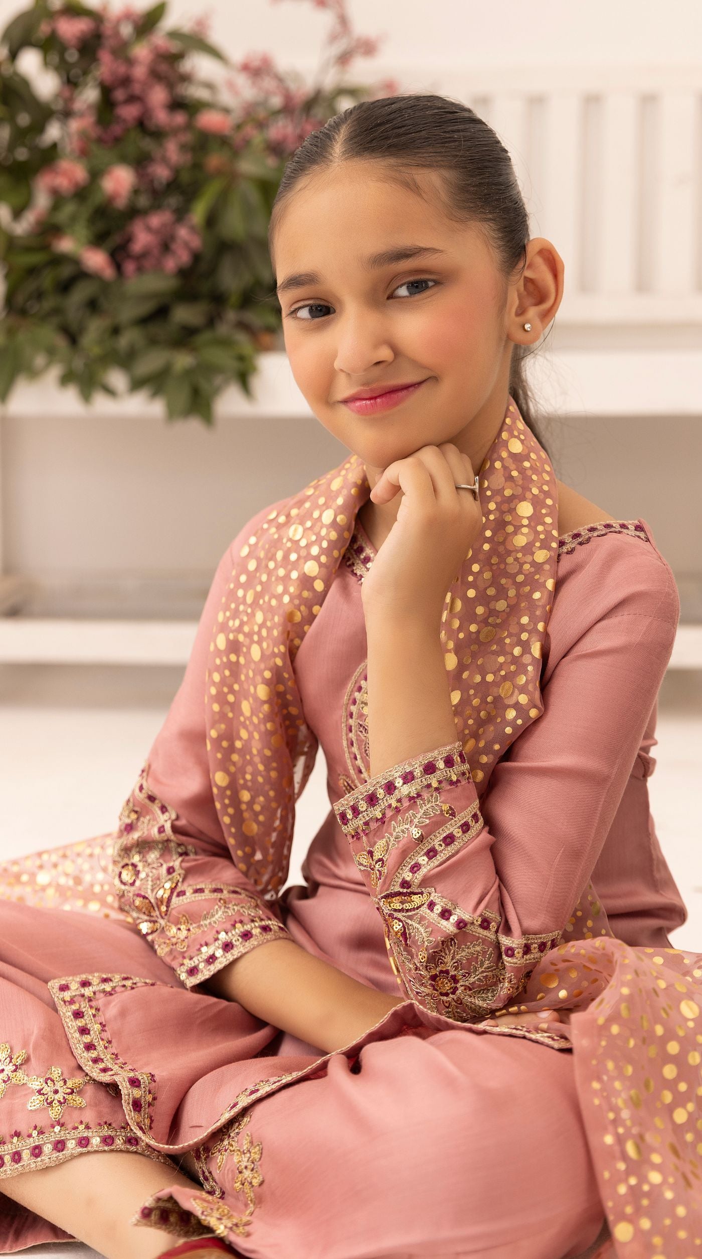 Kid's Dusty Pink Viscose Embroidered Kurta Palazzo Set