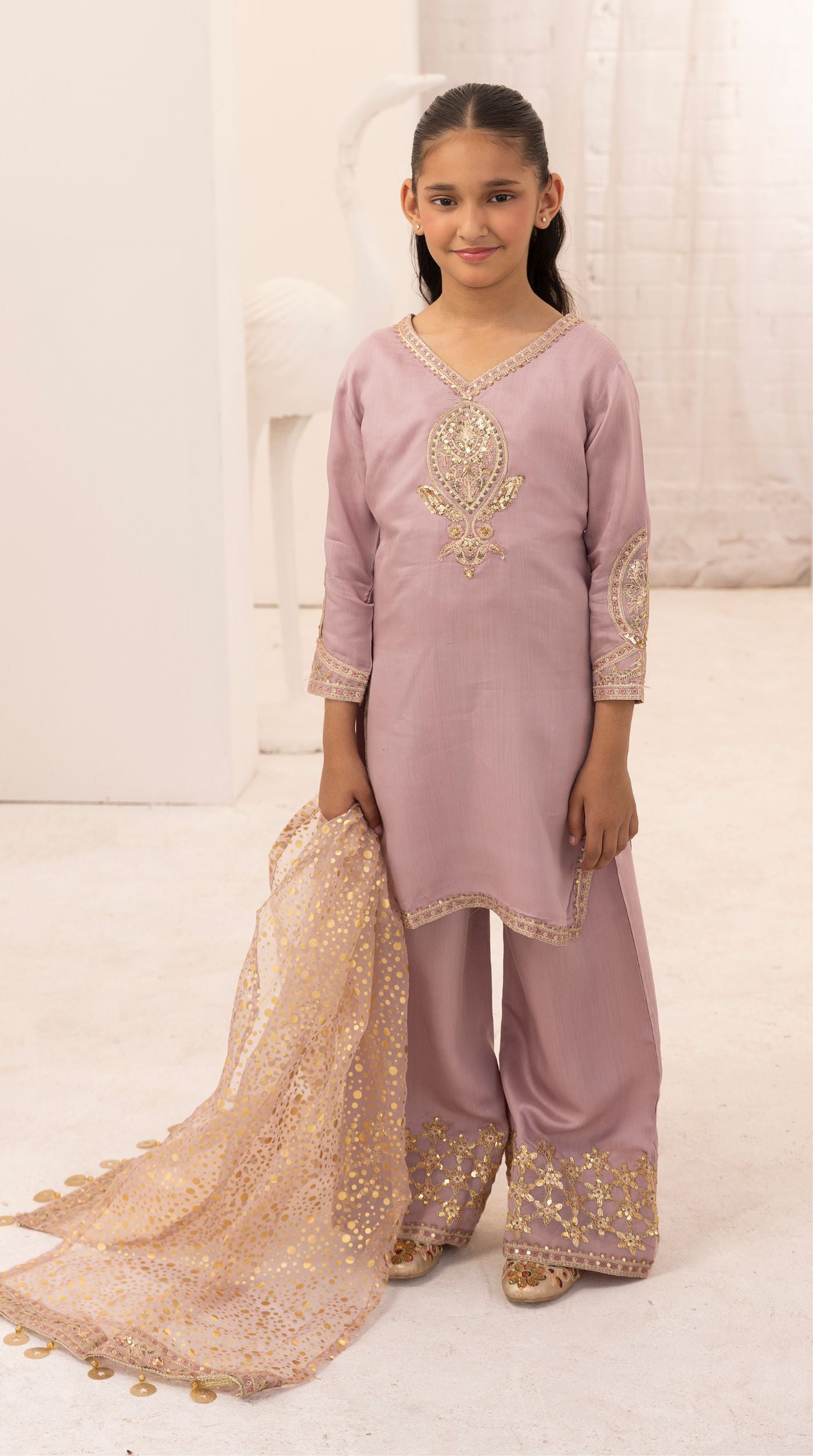Kid's Purple Viscose Embroidered Kurta Palazzo Set