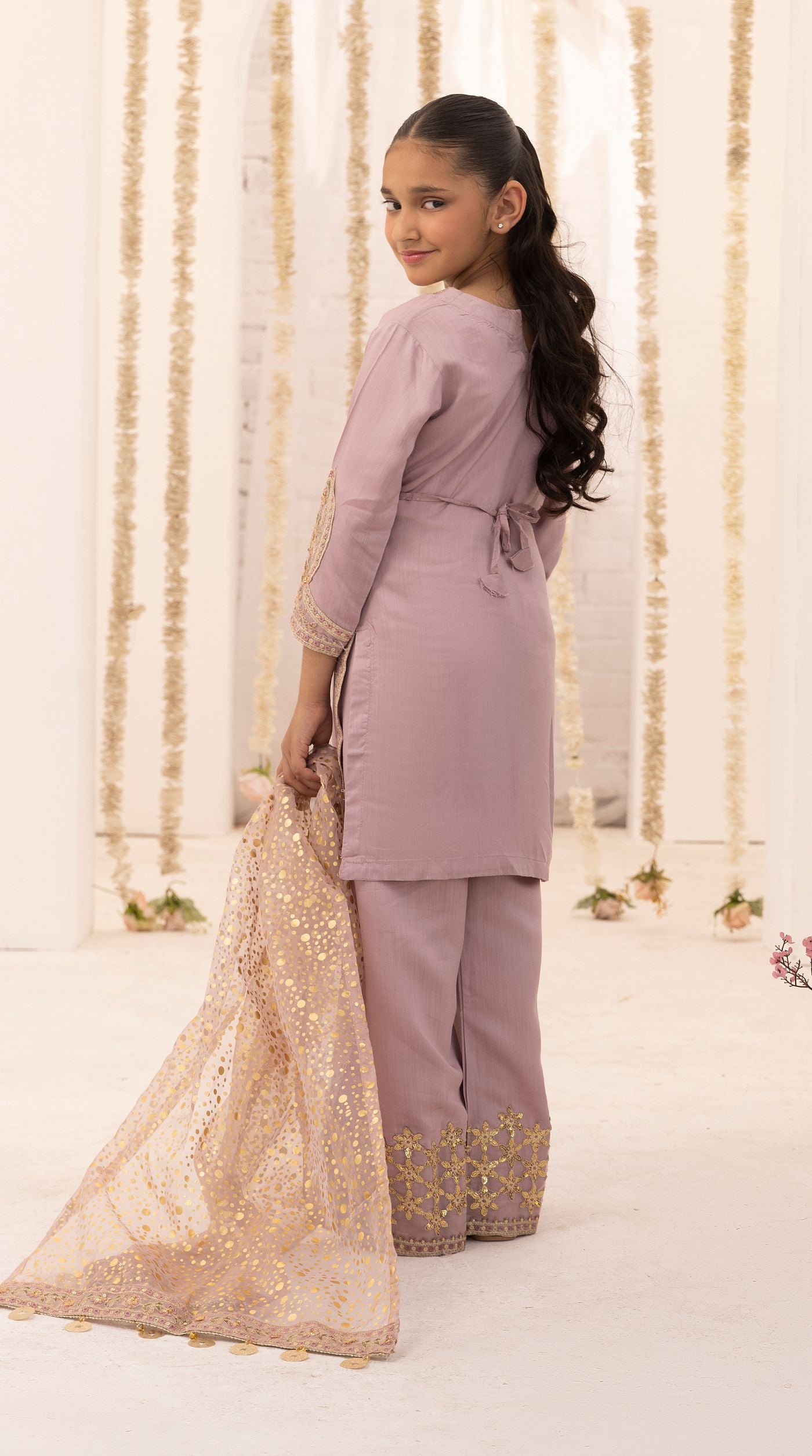 Kid's Purple Viscose Embroidered Kurta Palazzo Set