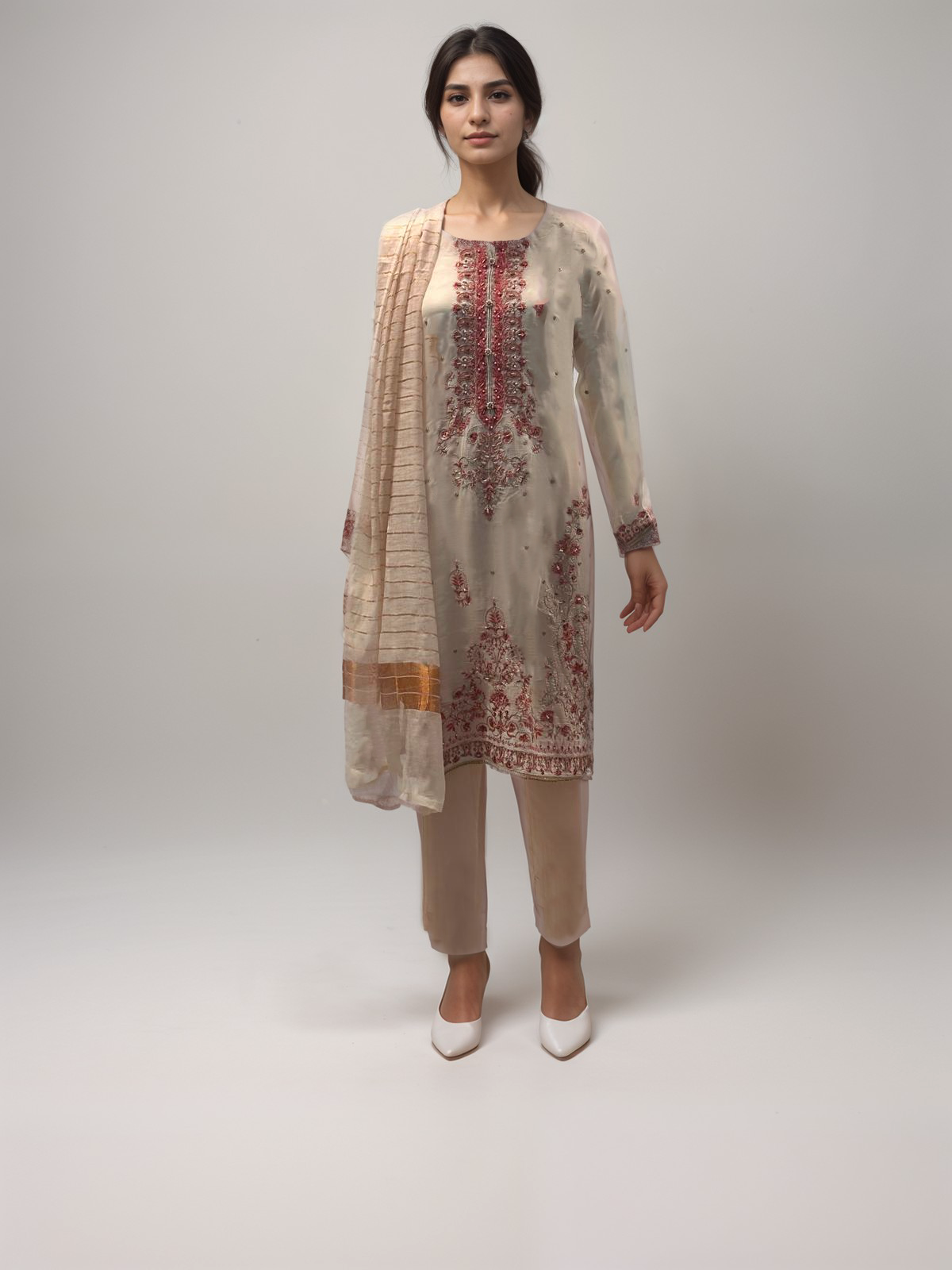 Cream Chiffon Trouser Set
