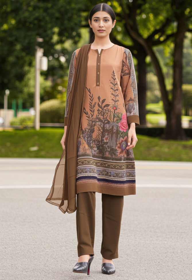 Mouse Brown Digital Printed Chiffon Suit Set