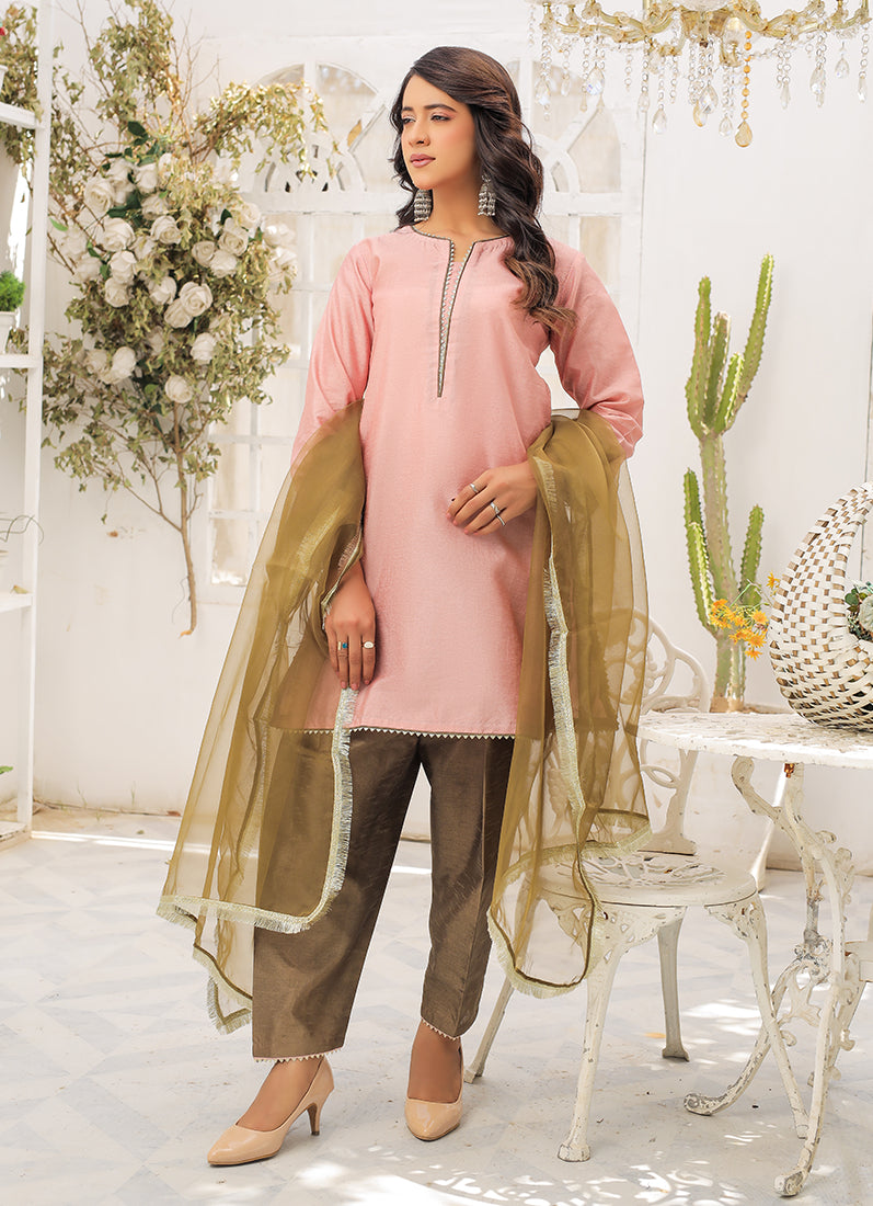 Pink-Mehendi Raw Silk Suit Set