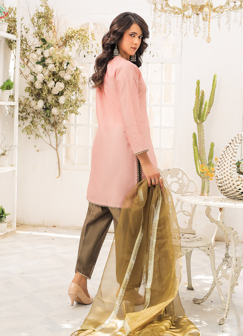 Pink-Mehendi Raw Silk Suit Set