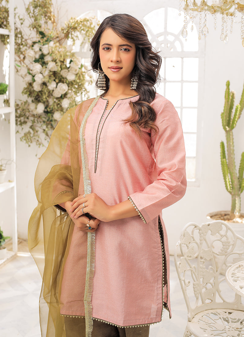 Pink-Mehendi Raw Silk Suit Set