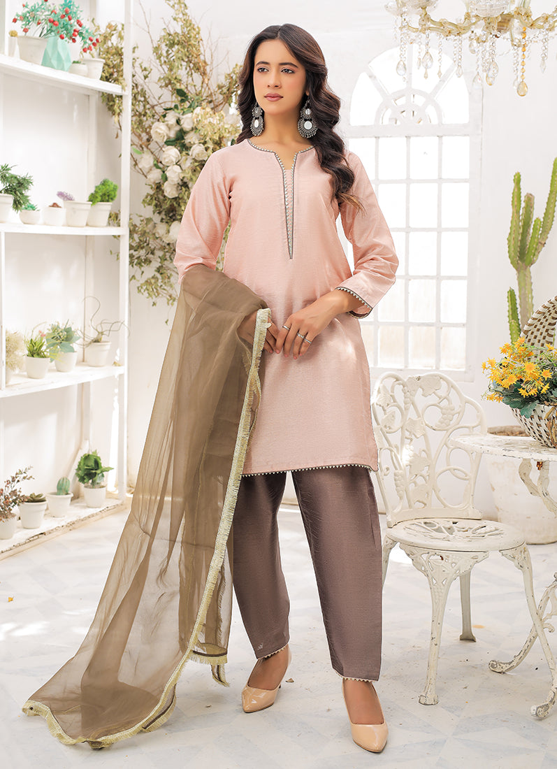 Peach-Mouse Raw Silk Suit Set