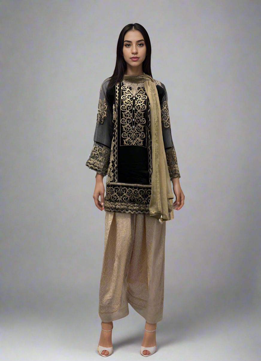 Black Chiffon Jacqaurd Salwar Suit Set