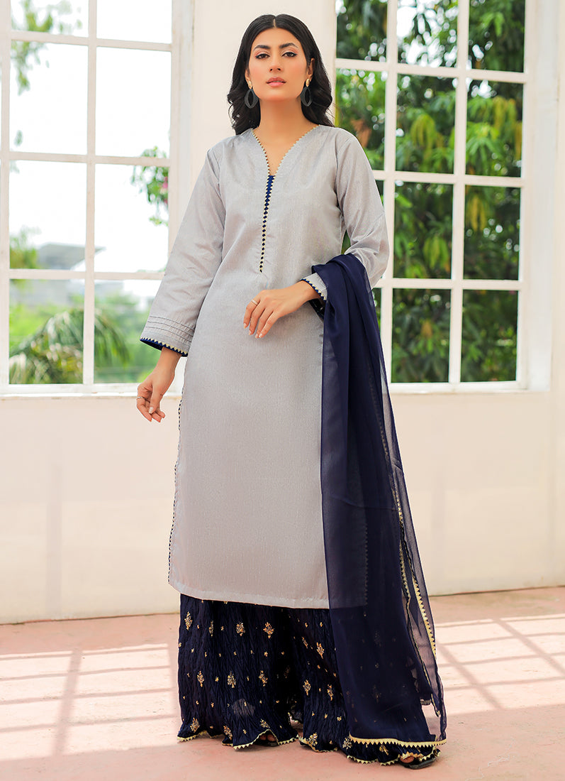 Grey-Navy Blue Sharara Suit Set