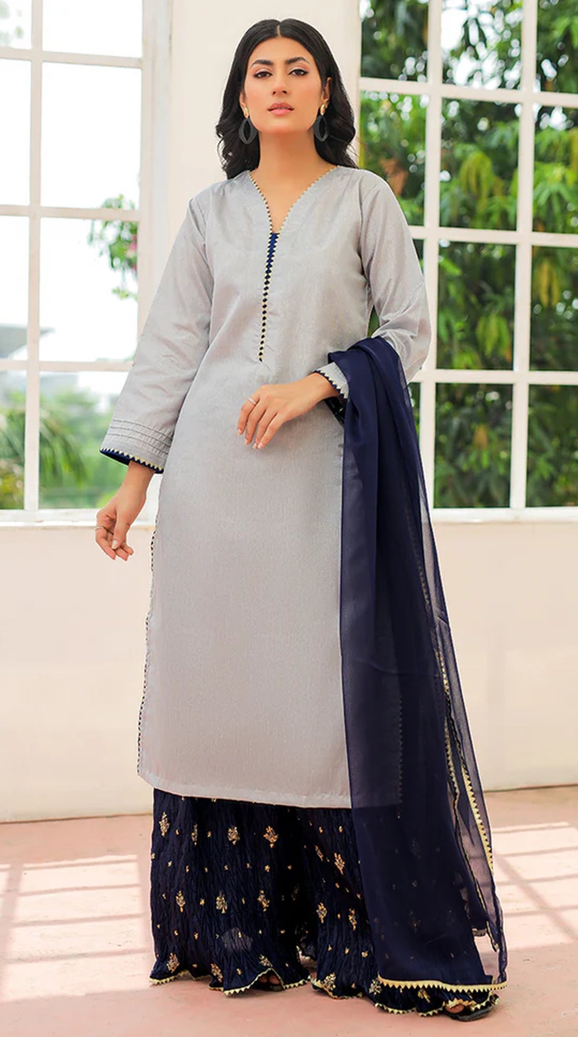 Grey-Navy Blue Sharara Suit Set