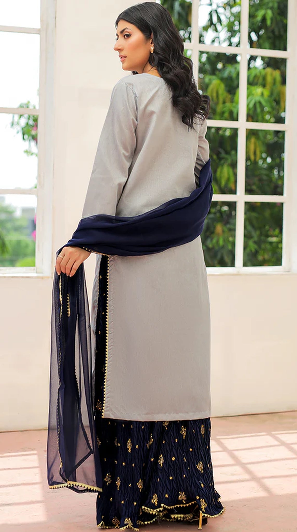 Grey-Navy Blue Sharara Suit Set
