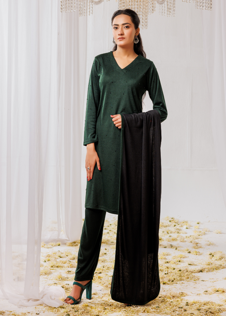 Green Woollen Knitwear Suits with Dupatta