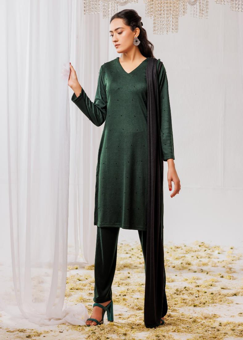 Green Woollen Knitwear Suits with Dupatta