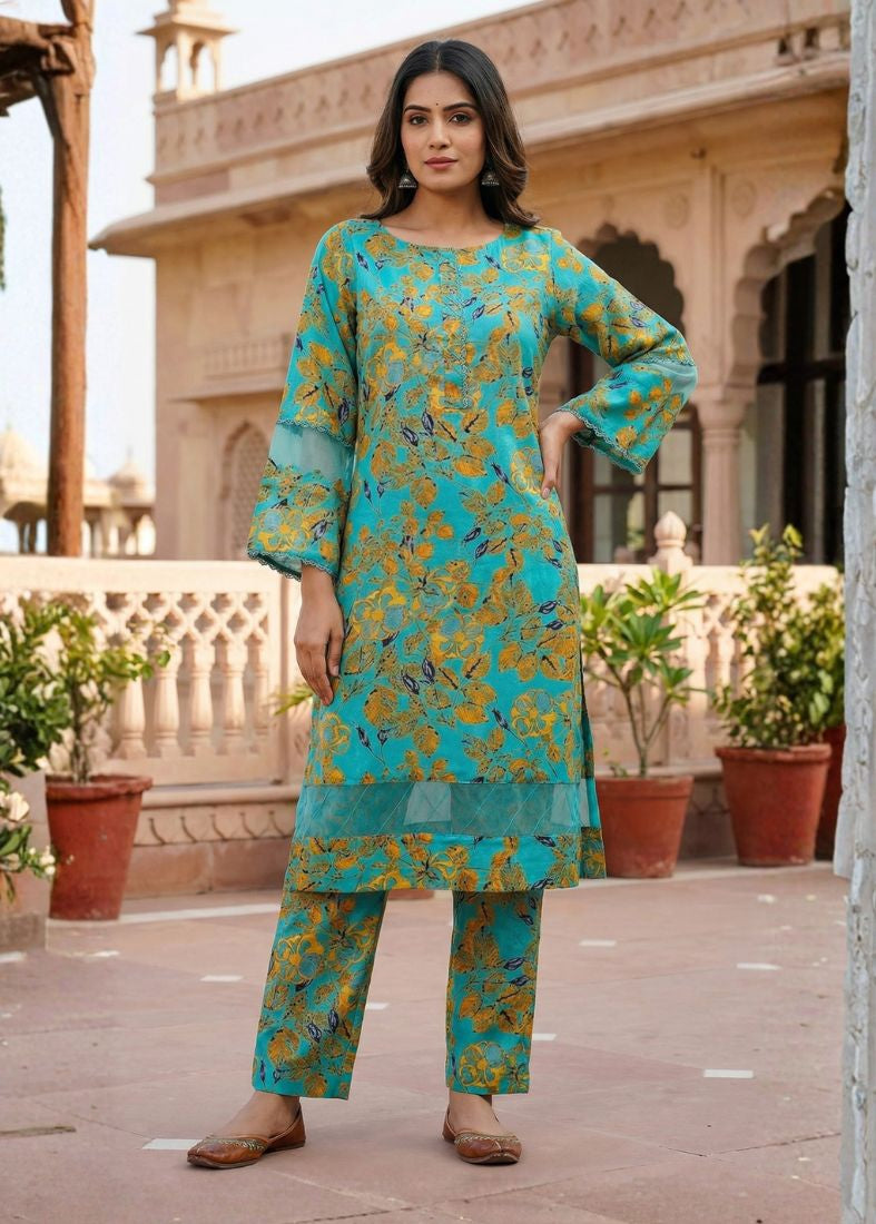 Turquoise Lawn Printed Co-ord Set