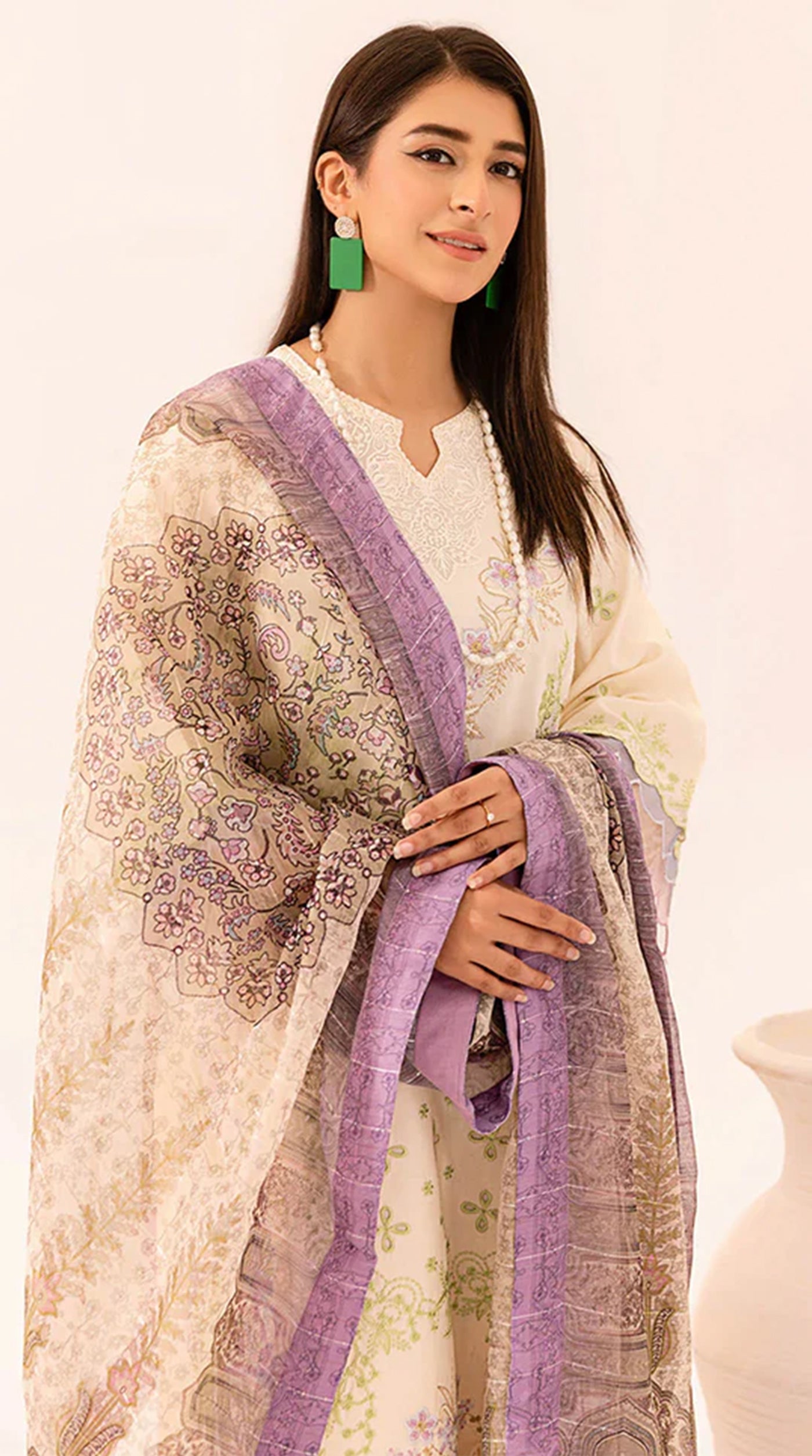 Cream Lawn Embroidered Suit Set