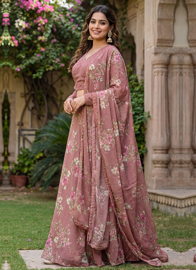 Pink Dobby Printed Dupatta Lehenga Set