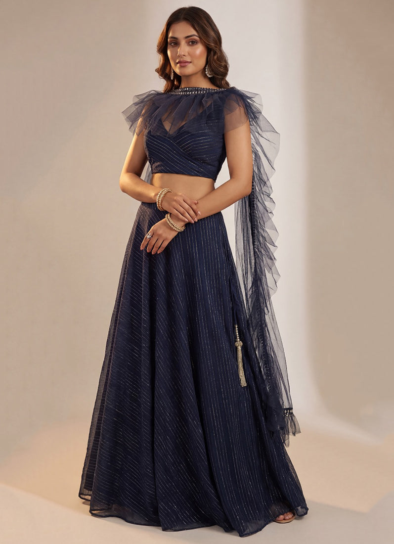 Blue Georgette Lurex Lehenga Set