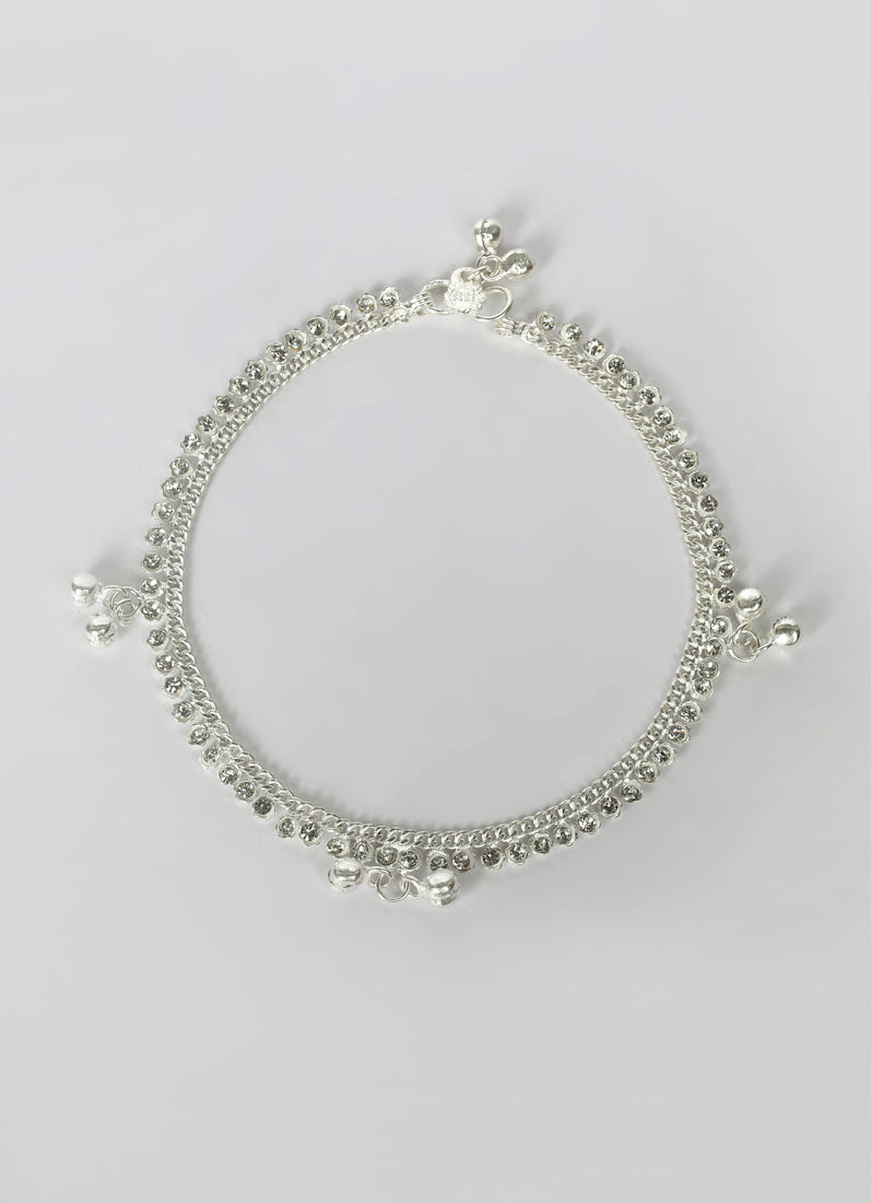 Handcrafted silver payal anklet featuring ghungroo bells and silver diamonte diamonte