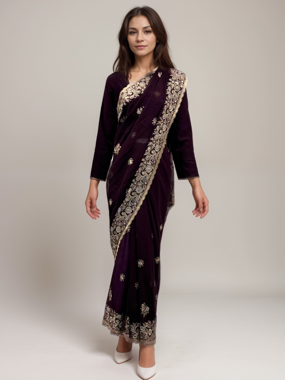 Dark Purple Embroidered Saree