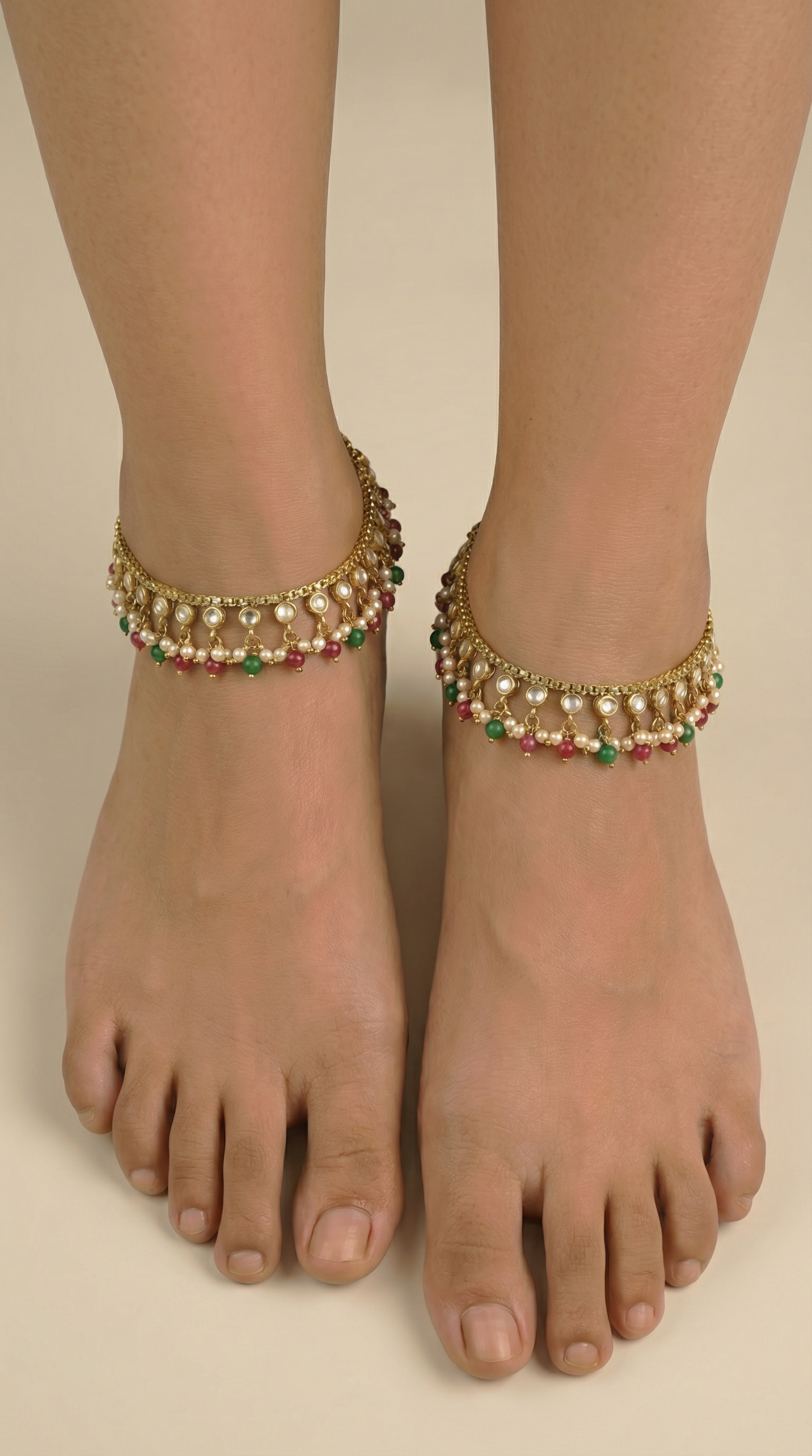 Antique Gold Plated Payal with Diamonte, Pearls, Rubies & Green Beads