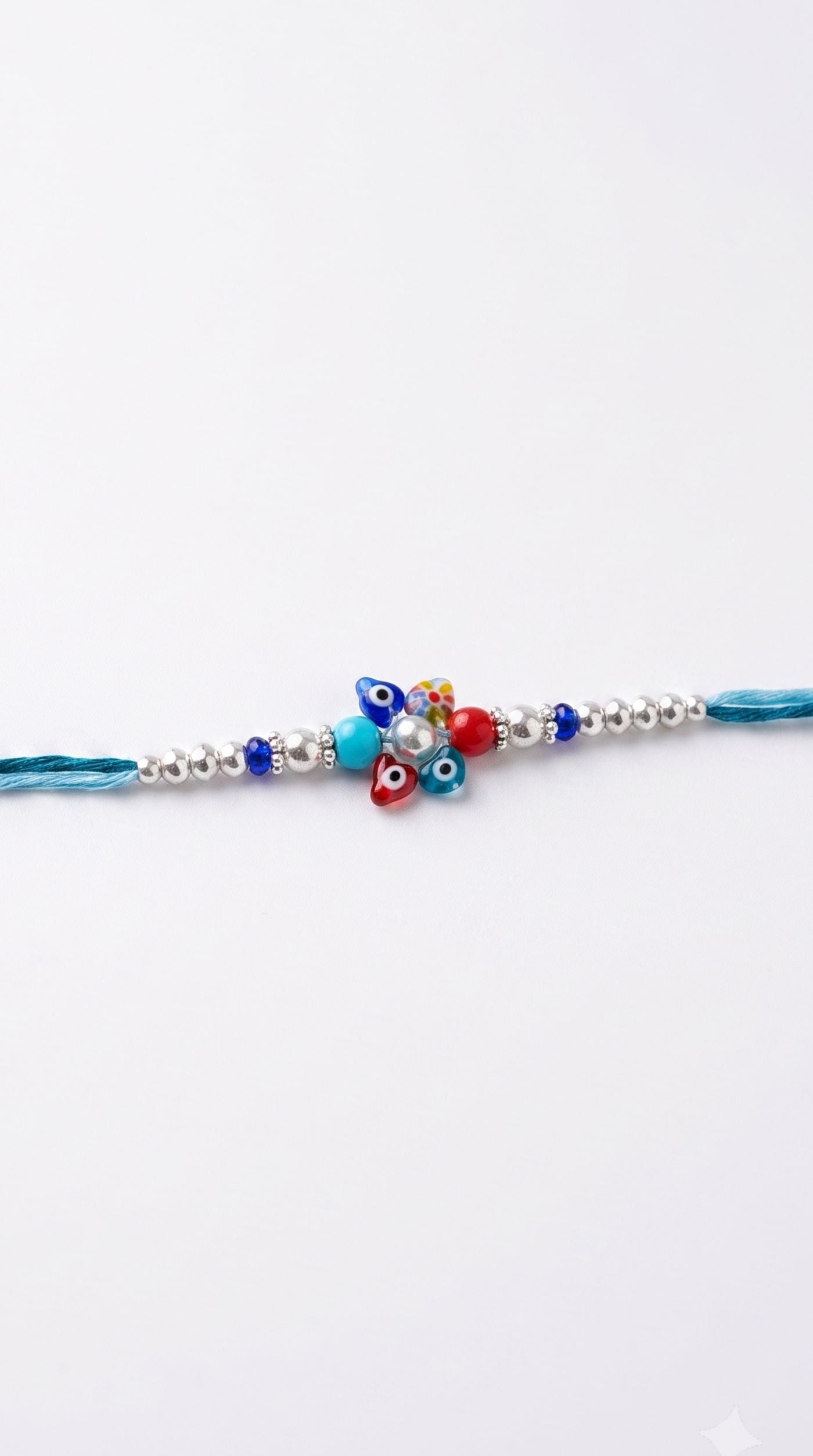 Multicolour evil eye flower rakhi bracelet with pearl centerpiece, colourful beads, white pearl accents, and adjustable navy blue thread worn on a man's wrist – Diya Online