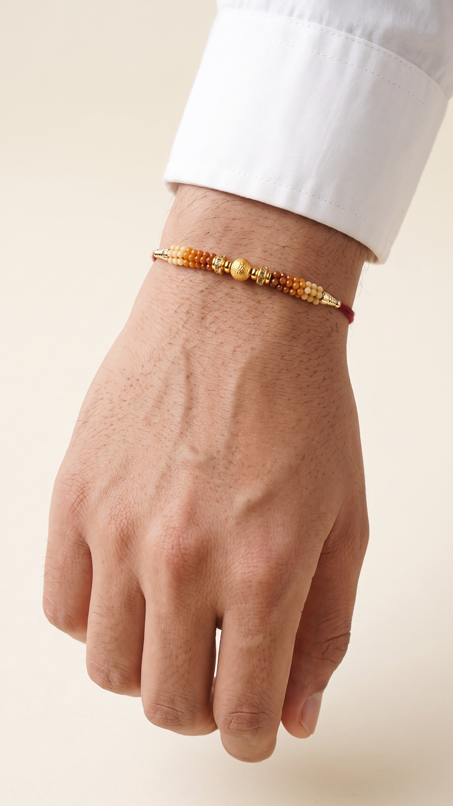 A hand wearing a delicate beaded bracelet with gold and orange beads.