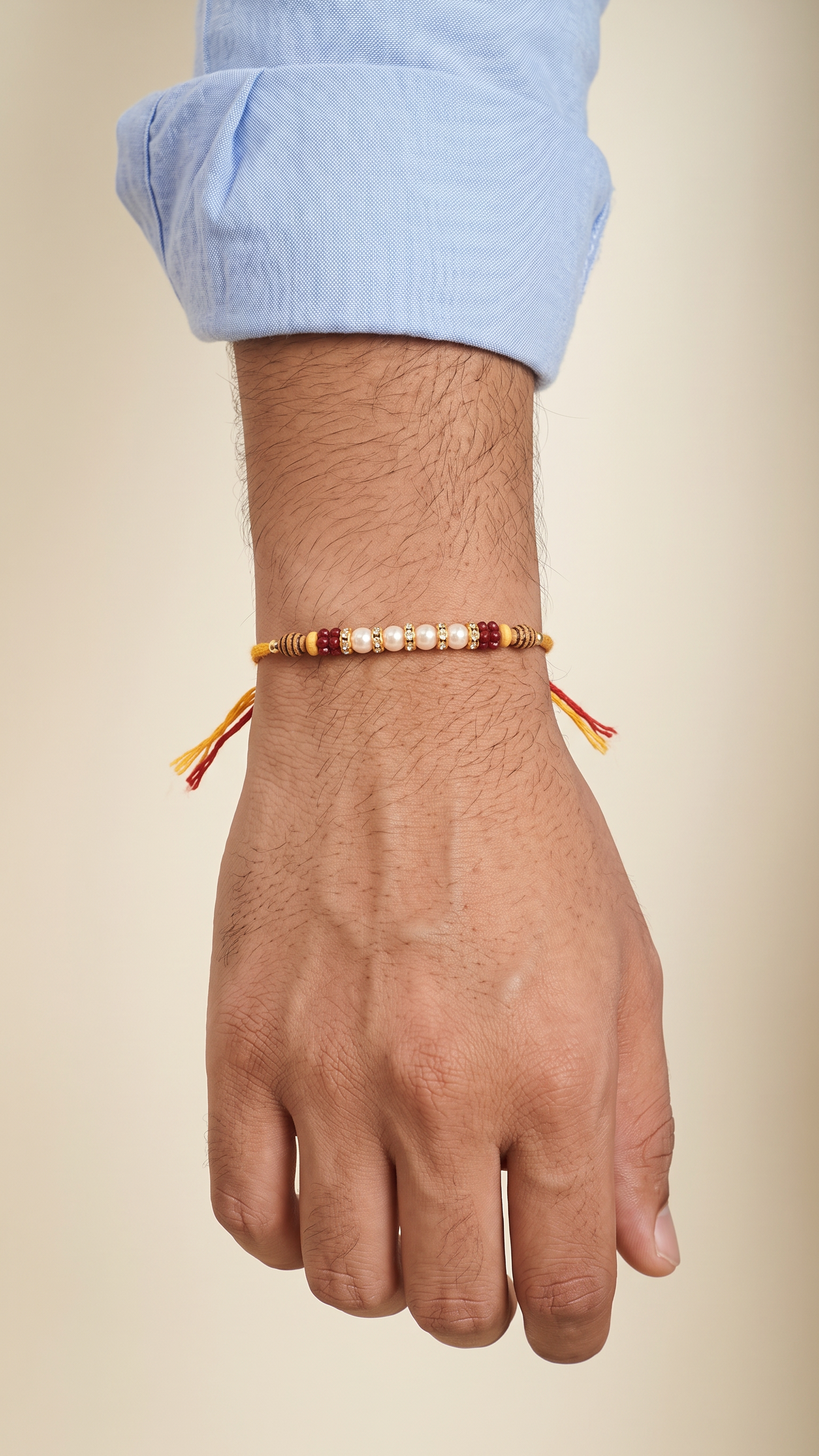 A delicate beaded bracelet with red beads and white pearls.
