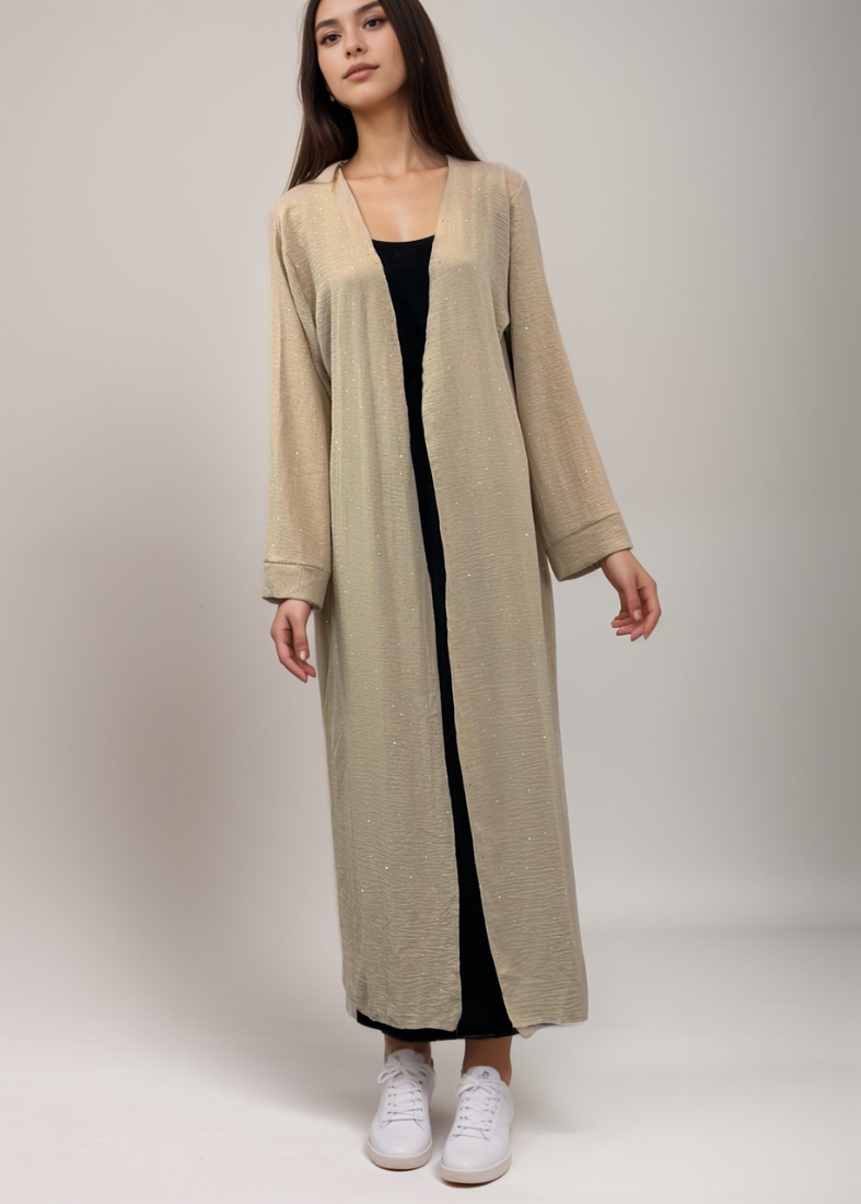 Ivory Maxi Open Cardigan – Soft Fabric with Silver Dots