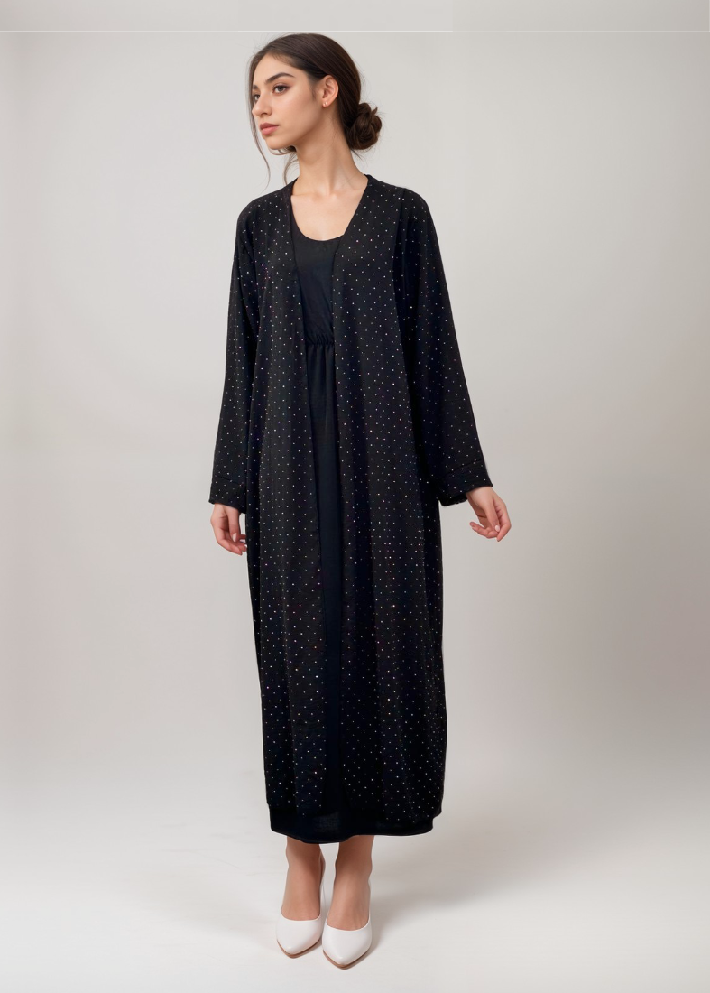 Black Maxi Open Cardigan – Soft Fabric with Silver Dots