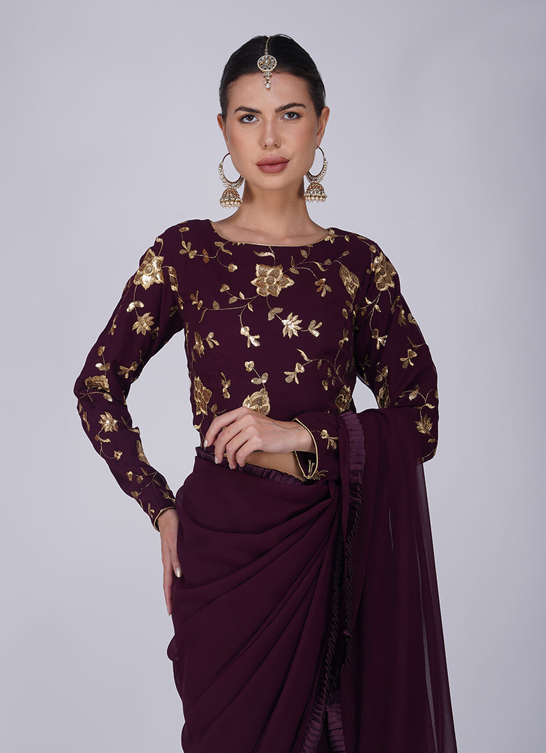 Wine Zari Embroidered Saree