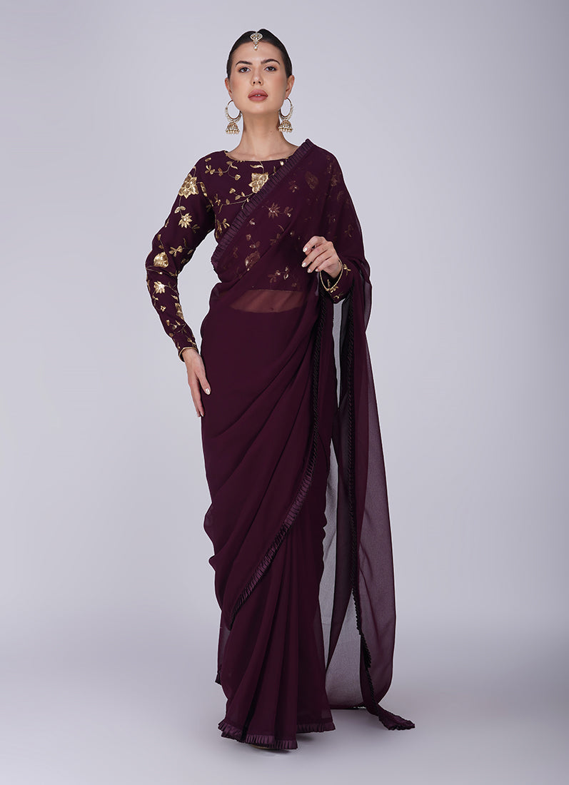 Wine Zari Embroidered Saree
