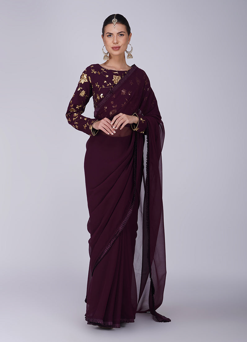 Wine Zari Embroidered Saree