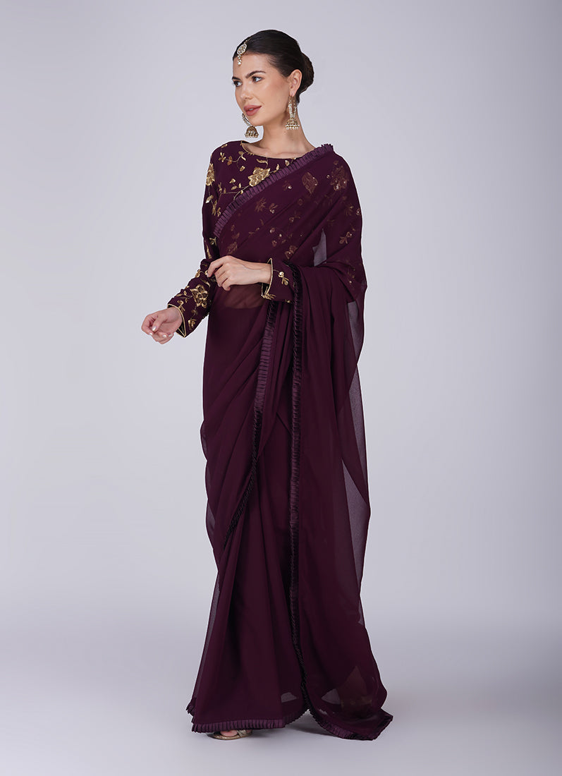 Wine Zari Embroidered Saree