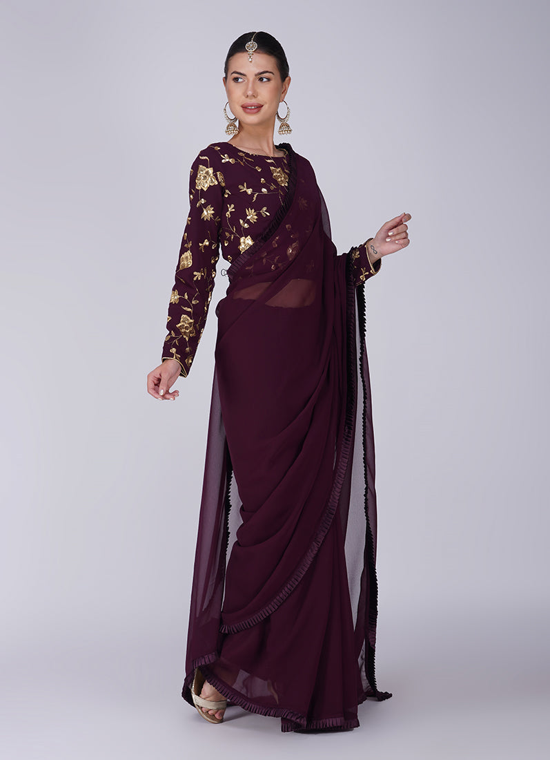 Wine Zari Embroidered Saree