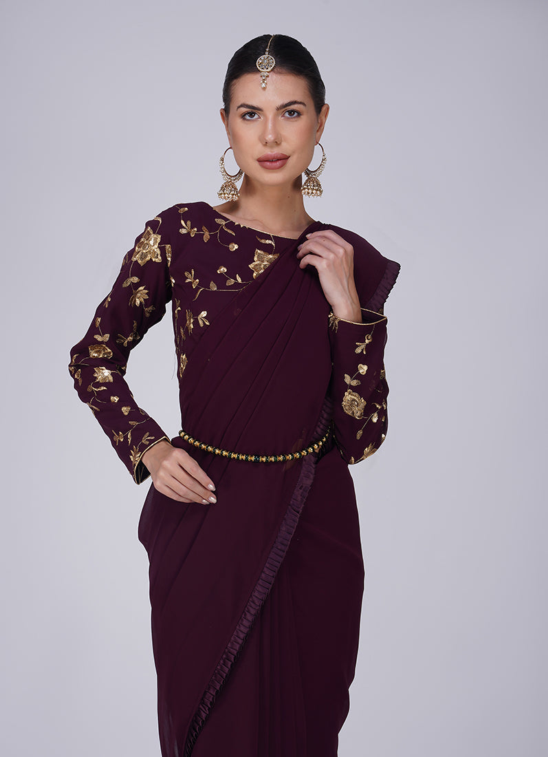 Wine Zari Embroidered Saree