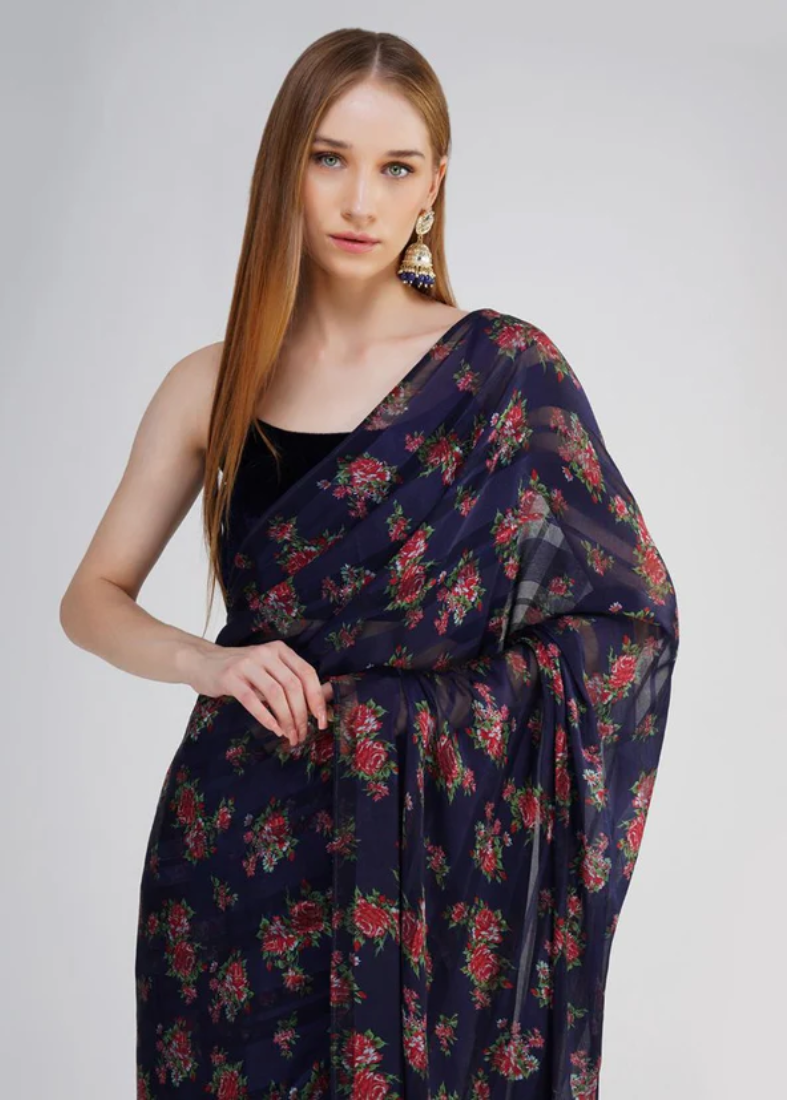 Navy Blue Velvet Blouse Saree