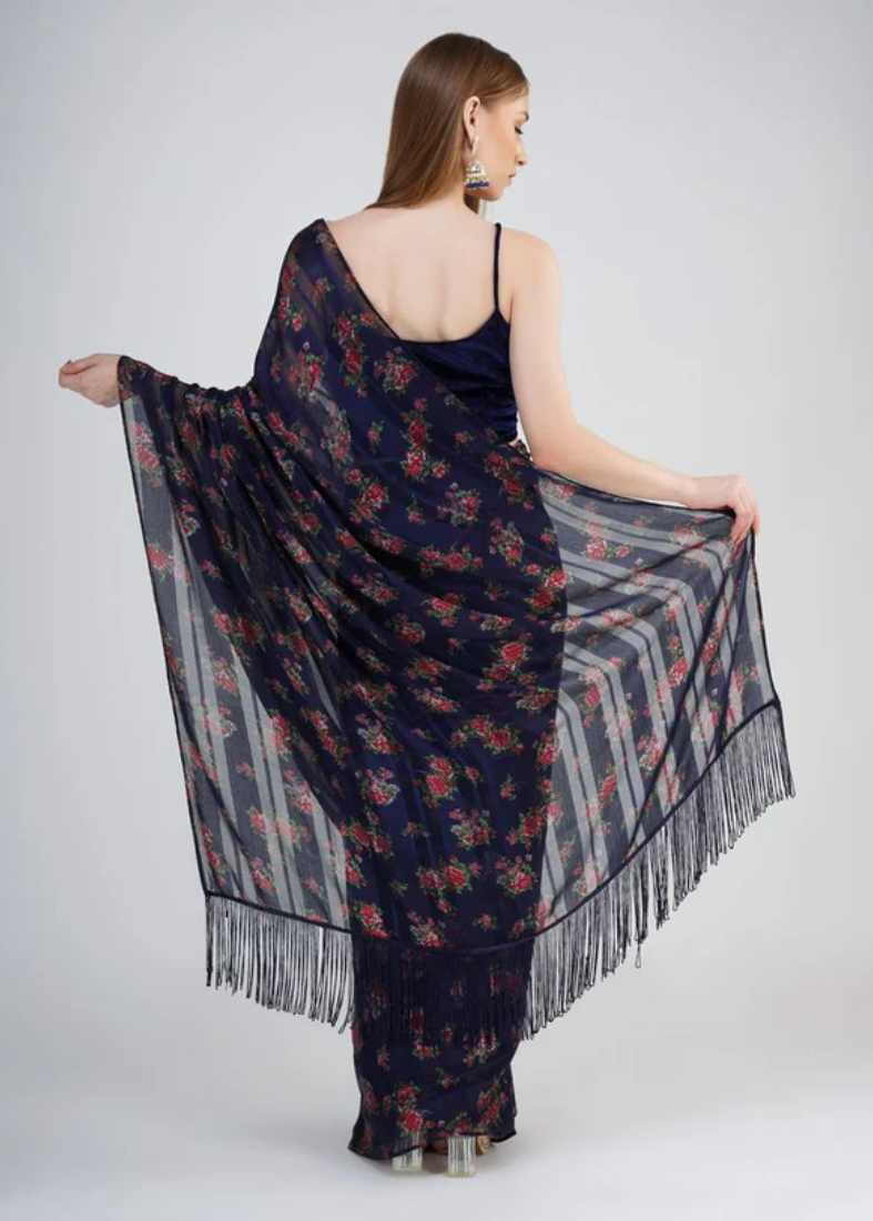 Navy Blue Velvet Blouse Saree