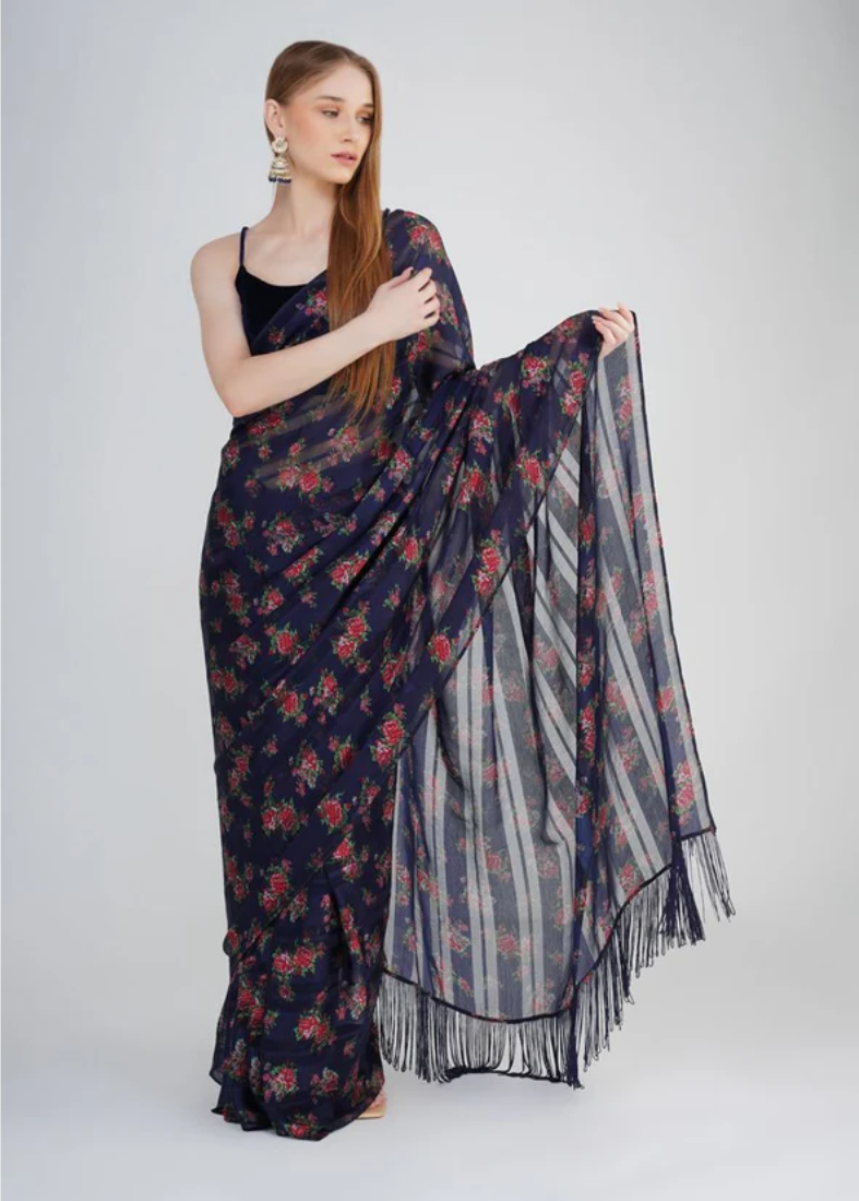 Navy Blue Velvet Blouse Saree