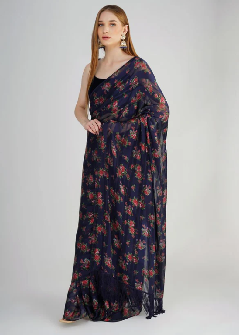 Navy Blue Velvet Blouse Saree
