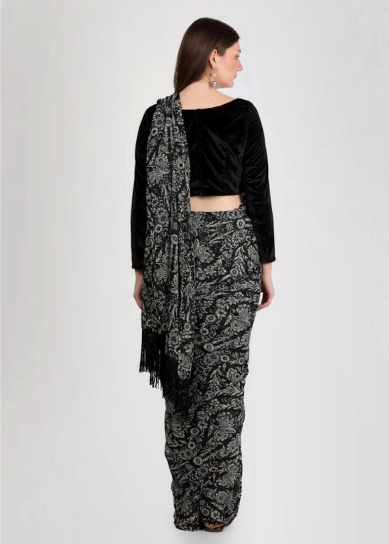 Black Printed Saree With Velvet Blouse
