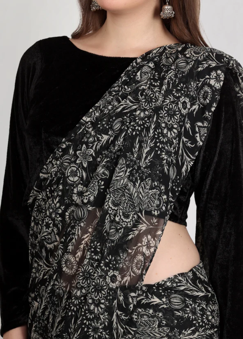 Black Printed Saree With Velvet Blouse