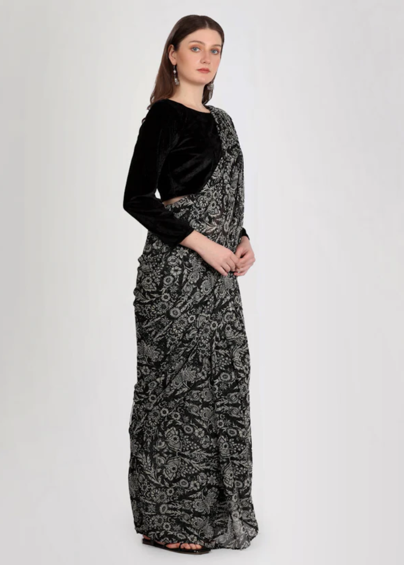 Black Printed Saree With Velvet Blouse