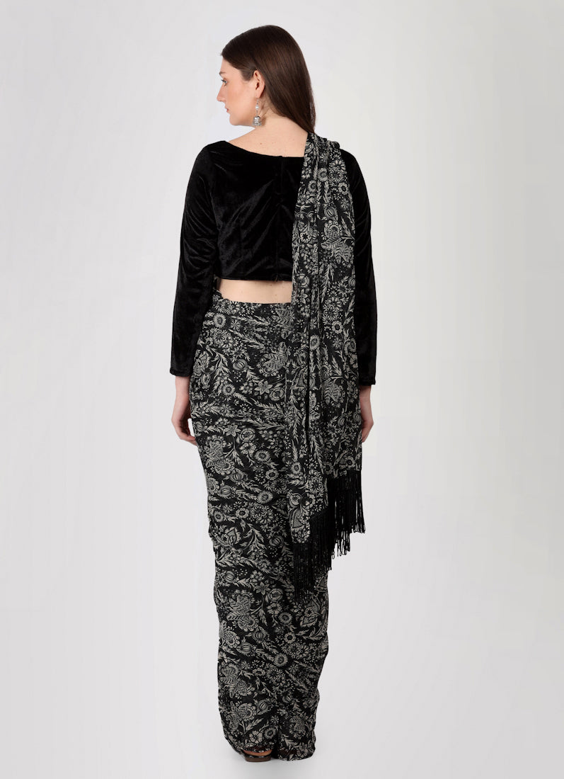 Black Printed Saree With Velvet Blouse