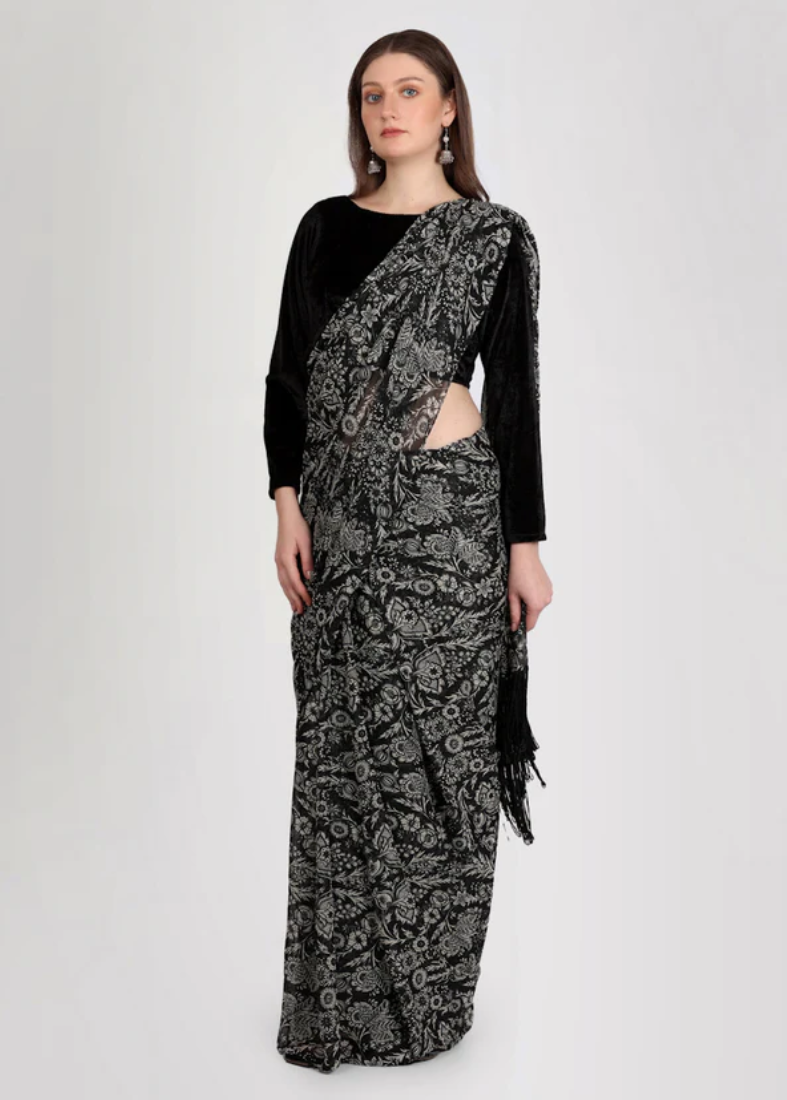 Black Printed Saree With Velvet Blouse