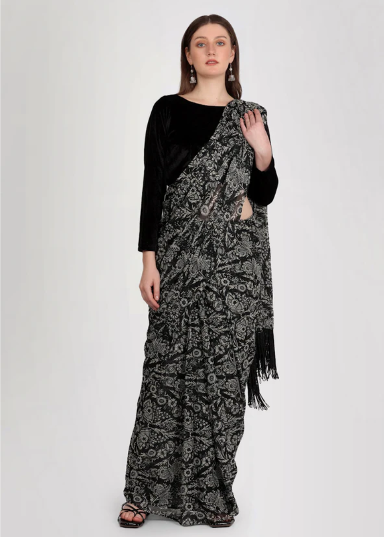 Black Printed Saree With Velvet Blouse