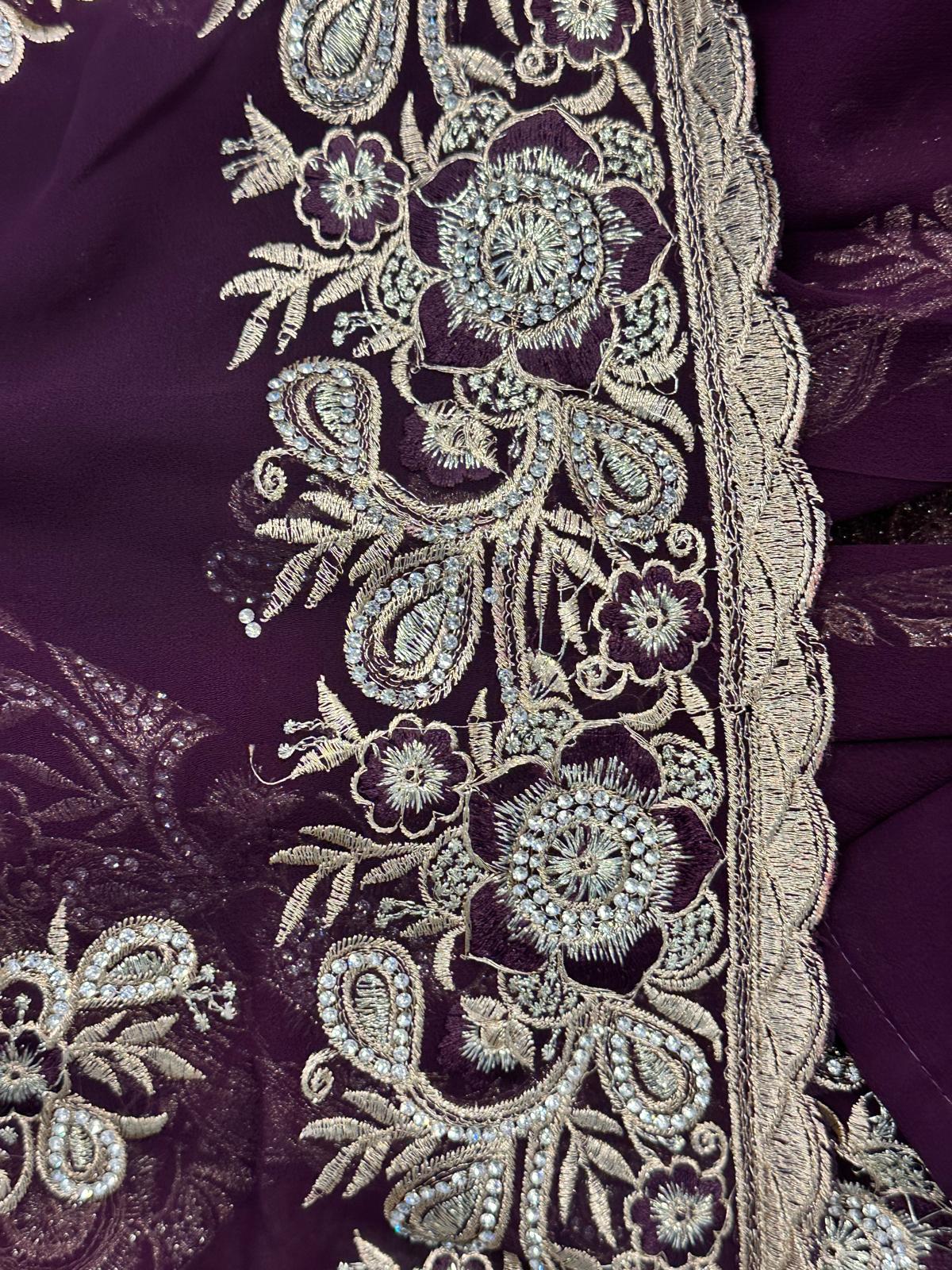Purple Full Embroidery Chiffon Saree